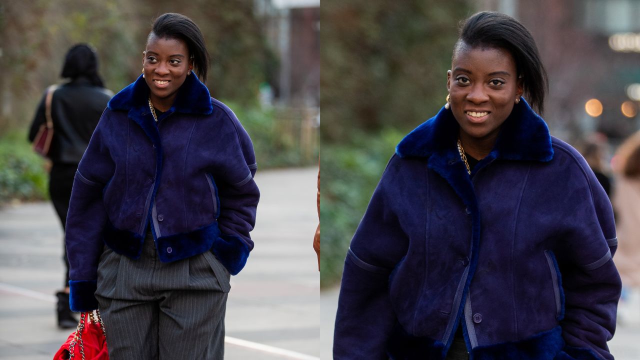 nikki ogunnaike wearing a blue coat