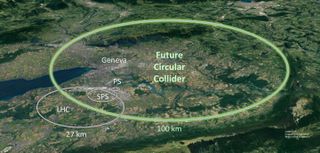 Illustration showing the size of the Future Circular Collider compared to the LHC.