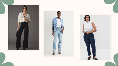 composite of three models wearing the best petite jeans from anthropologie, J. Crew and gap