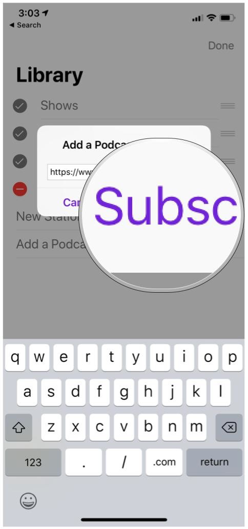 Apple Podcasts, Add by URL, Subscribe