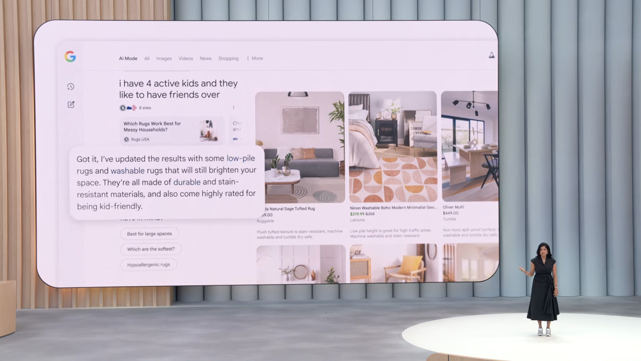 Shopping using the new Google AI Mode search on stage at Google I/O 2025