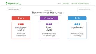 Image shows a SignSchool webpage showing recommended resources for Advanced learners of ASL.