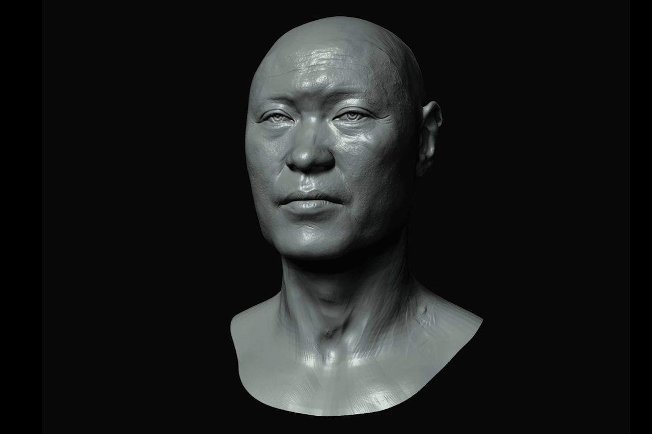 a black and white facial reconstruction of a Siberian warrior