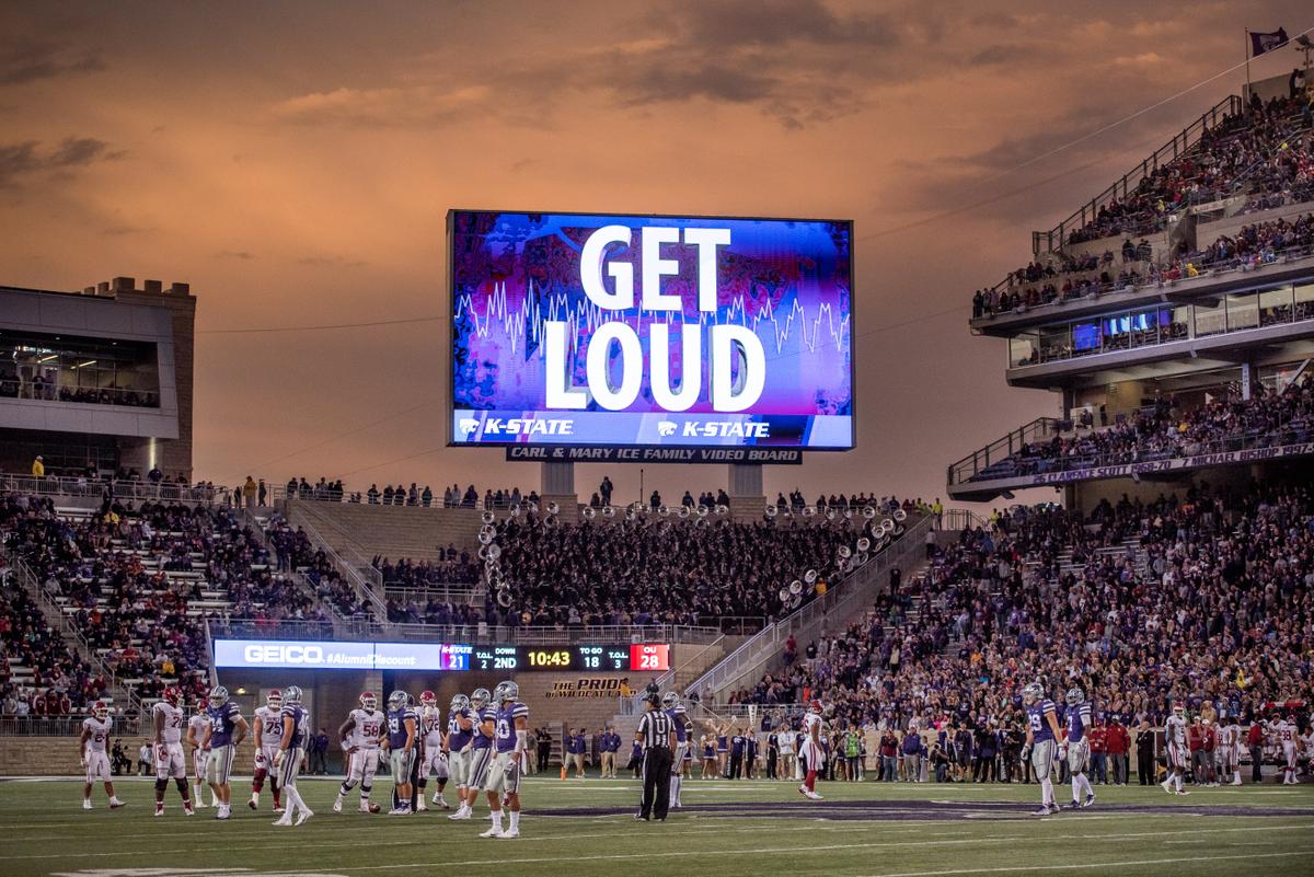 Kansas State University stadium during football game and big screen saying &quot;Get Loud&quot;