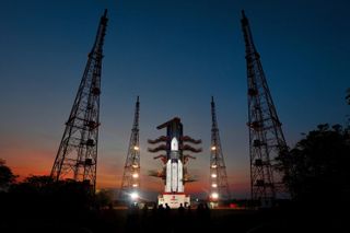 India's first Geosynchronous Satellite Launch Vehicle Mark III rocket stands atop the launch pad before its launch debut on June 5, 2017.