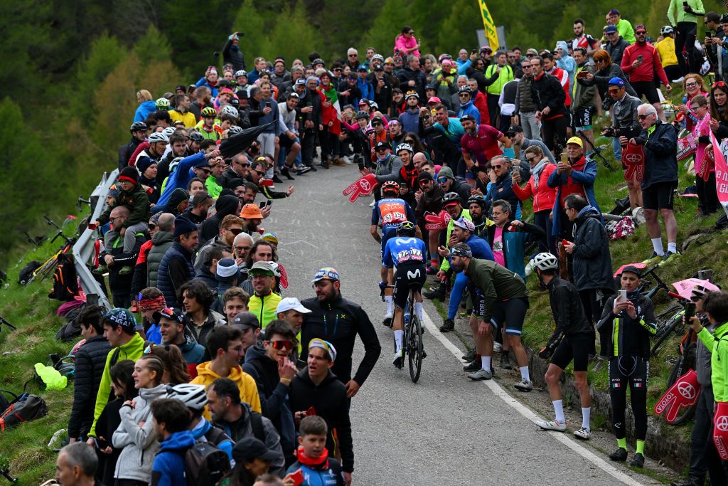 LIVIGNO MOTTOLINO ITALY MAY 19 LR Alessandro De Marchi of Italy and Team Jayco AlUla and Will Barta of The United States and Movistar Team compete in the chase group climbing to the Passo del Mortirolo 1854m while fans cheer during the 107th Giro dItalia 2024 Stage 15 a 222km stage from Manerba del Garda to Livigno Mottolino 2387m UCIWT on May 19 2024 in Livigno Mottolino Italy Photo by Dario BelingheriGetty Images