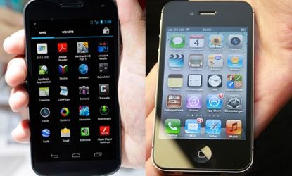 Samsung phones, like the Galaxy Nexus (left), have taken on iPhone-like design elements, like the rectangular shape's rounded edges, that Apple claims are illegal.