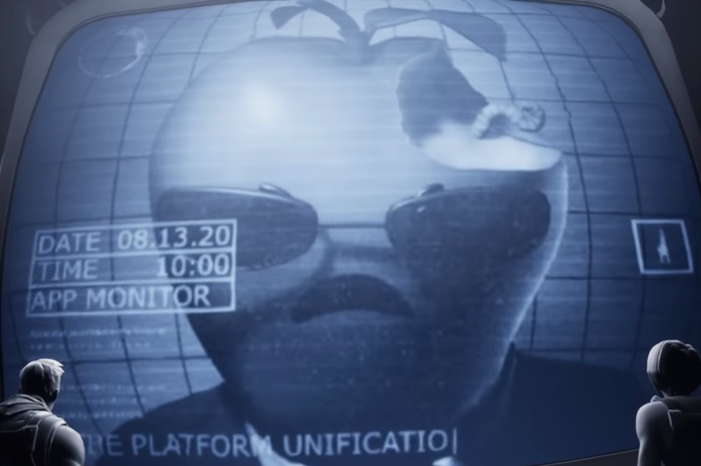 A Fortnite skins of an apple-headed character with sunglasses and a suit