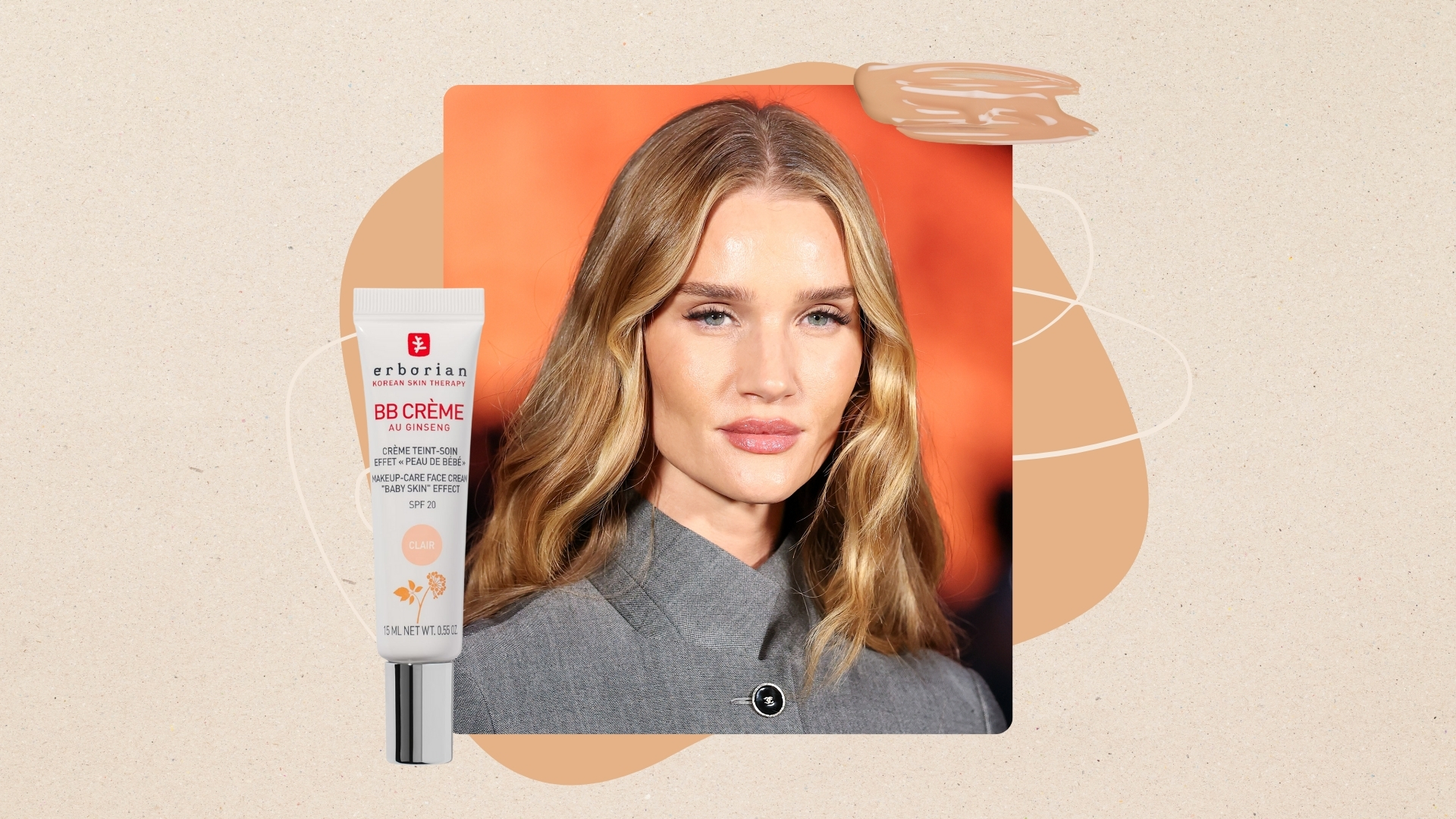 Image of Rosie Huntington-Whiteley with wavy blonde hair and wearing a grey blazer, on a beige background with a foundation swatch and Erborian's BB Creme