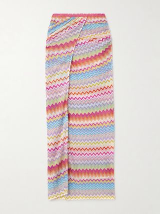 Wrap-Effect Layered Striped Metallic Crochet-Knit Maxi Skirt
