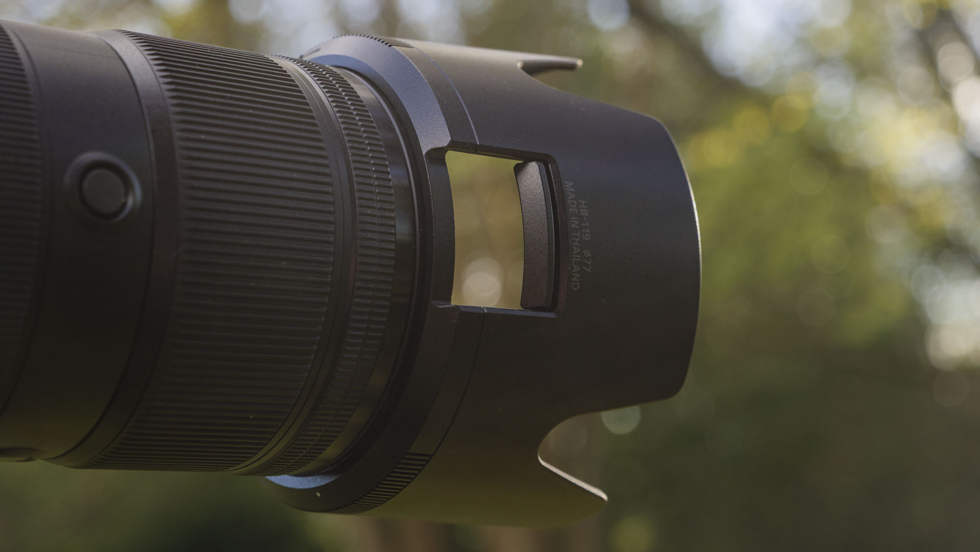 A closeup of the Nikon Z 70-200mm f/2.8 VR S II lens's lens hood