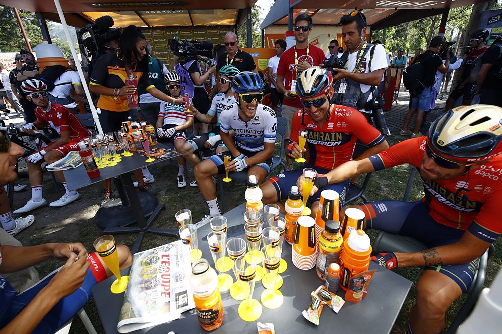Matteo Trentin (Mitchelton-Scott) celebrating his previous day's victory at the start of stage 18 at the Tour de France