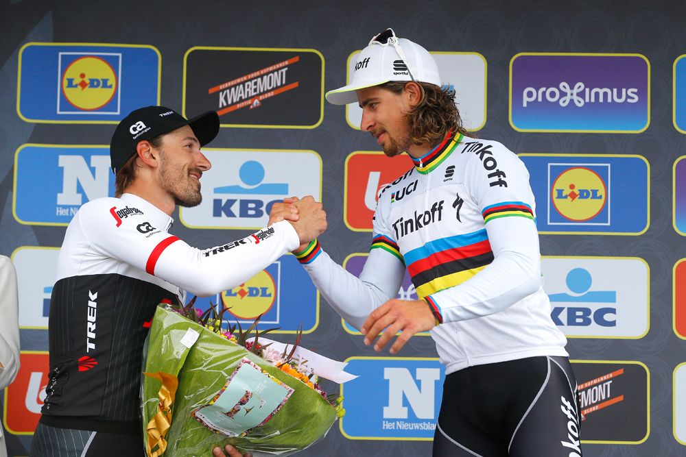 Fabian Cancellara (Trek Segafredo) congratulates Peter Sagan (Tinkoff)