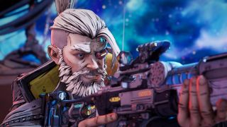 Borderlands 4 endgame Wildcard modifiers: A close-up shot of Zane smiling as he aims down his rifle, pointing to the right of the image.