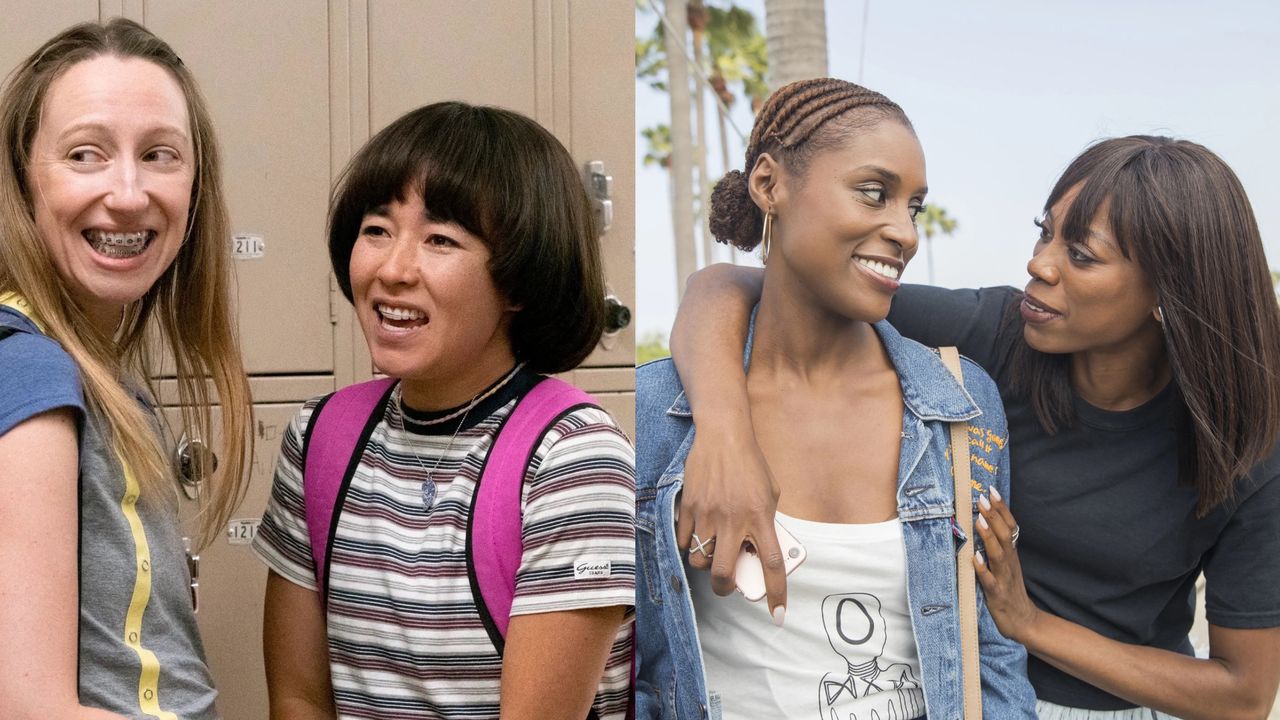 a collage of images of best tv bffs including anna and maya from pen15 and issa and molly from insecure