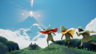 Sky Children of the Light - three characters in bright capes walk together pointing towards a mountain with light shining into the sky