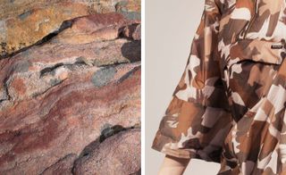 Two images, Left-close up view of rock, Right- Close up view of models arm showing camouflage cape