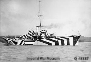 Photograph of British Kil class patrol gunboat HMS Kildangan painted in dazzle camouflage.