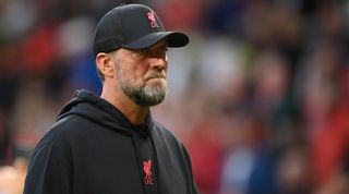 Liverpool manager Jurgen Klopp looks on during the Premier League match between Manchester United and Liverpool FC at Old Trafford on August 22, 2022 in Manchester, England.