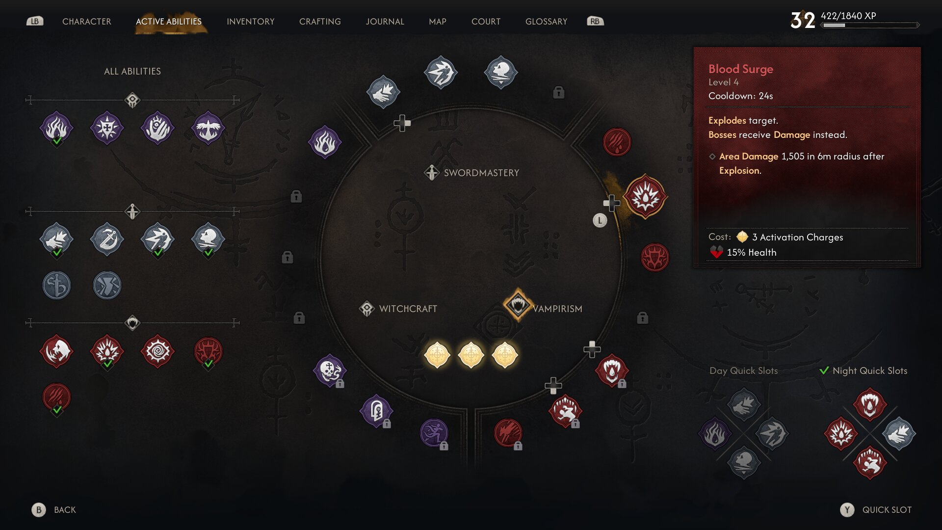 Blood of Dawnwalker screenshot of the ability wheel, highlighting Blood Surge