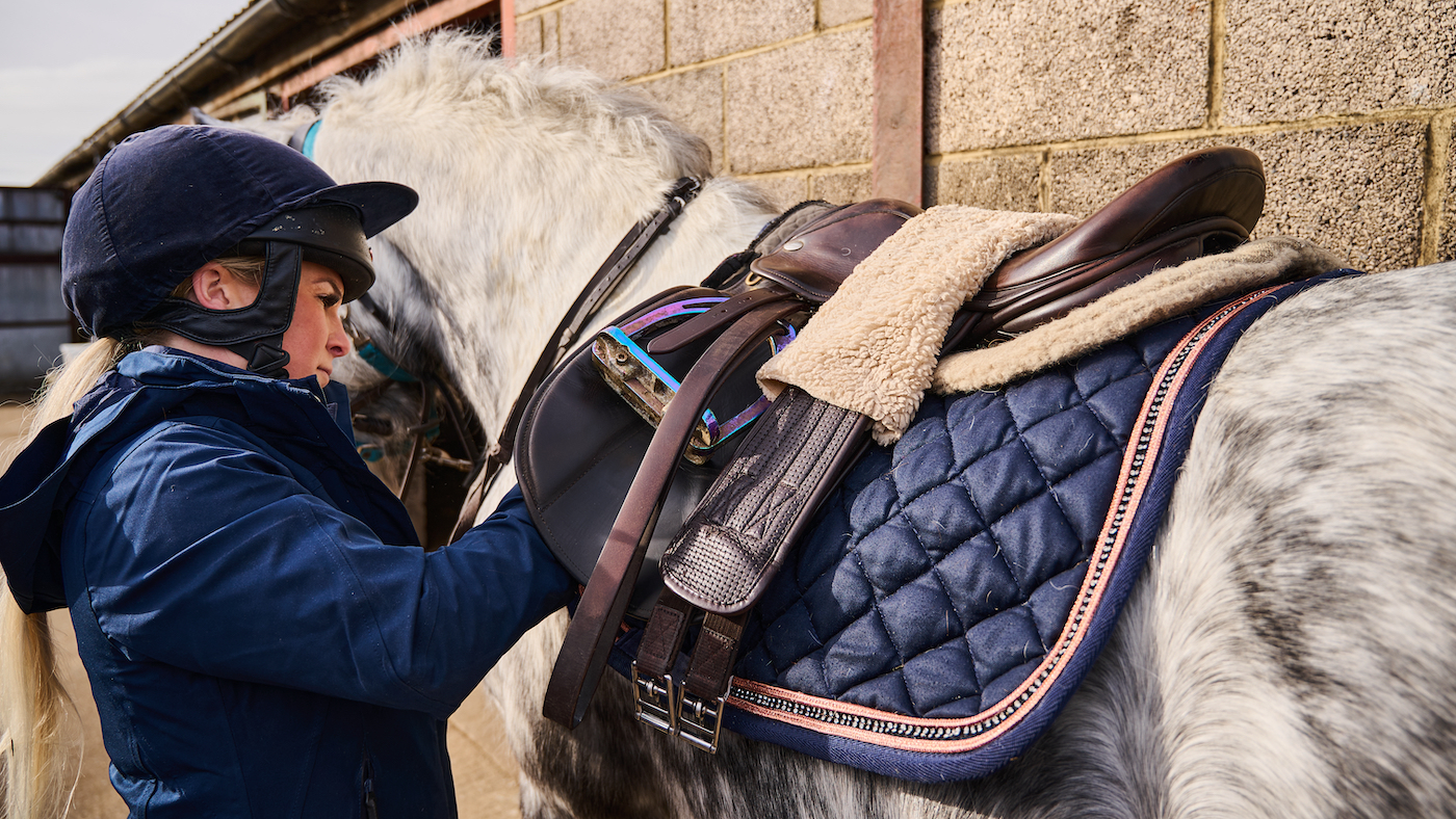 Saddle with numnah and fluffy girth sleeve are useful when getting show horse fit
