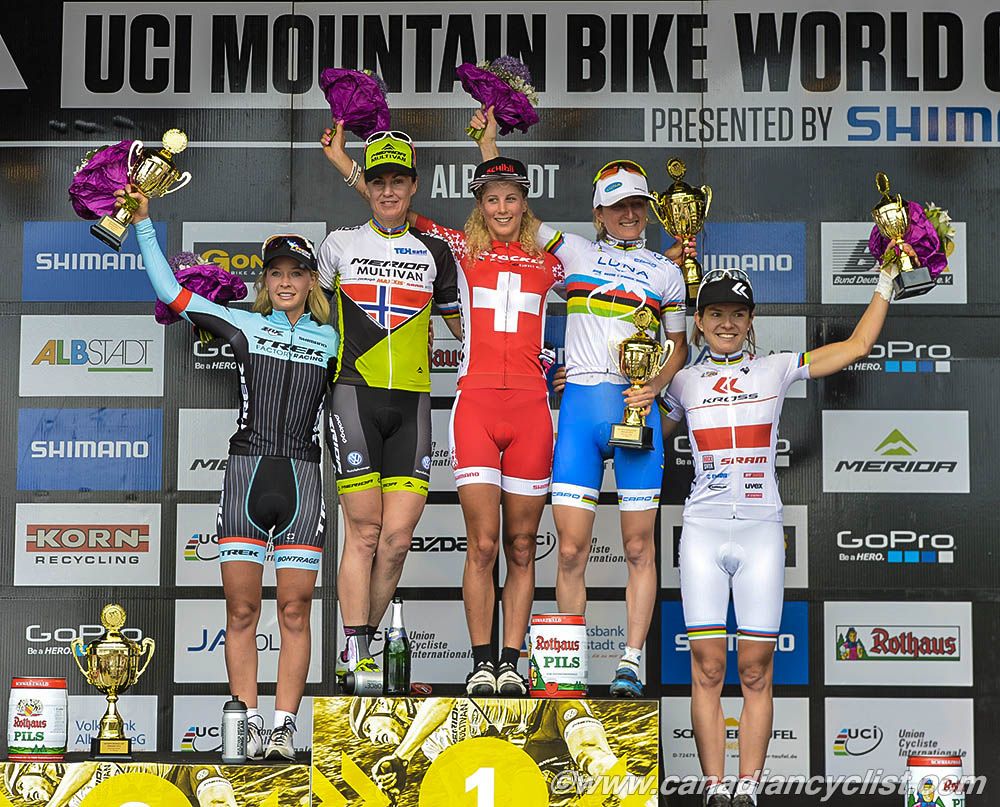 Podium: L to R: Emily Batty, Gunn-Rita Dahle Flesjaa, Jolanda Neff, Catharine Pendrel, Maja Wloszczowska