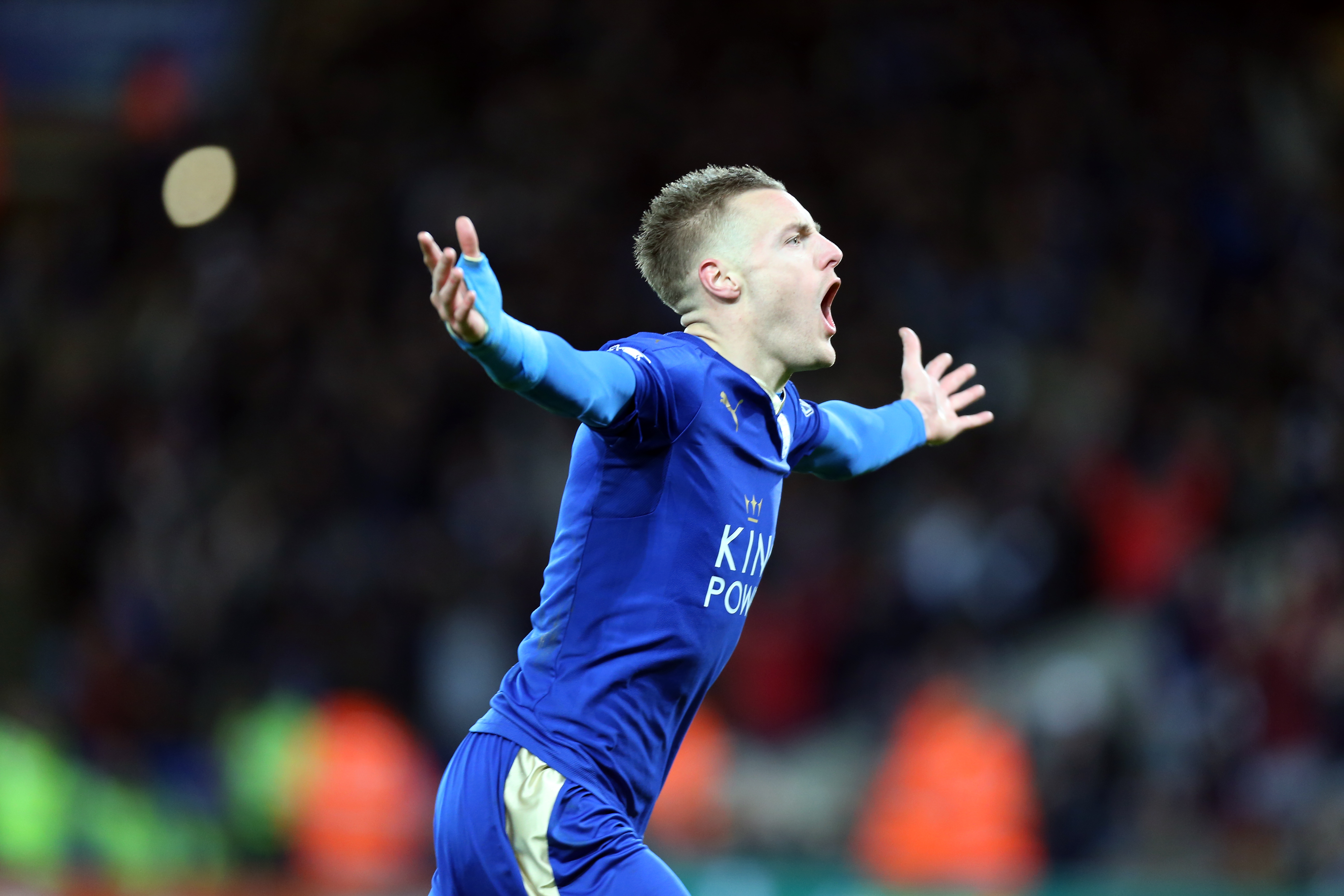Jamie Vardy celebrates after scoring for Leicester City against Liverpool in February 2016.