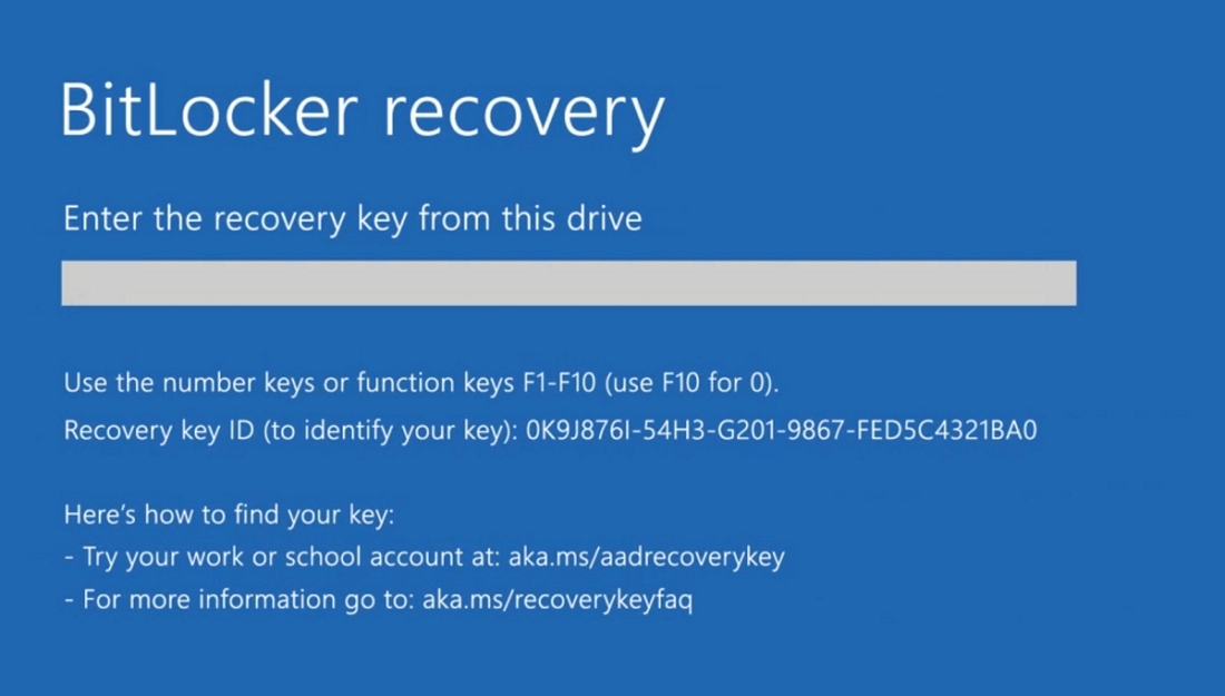 BitLocker recovery key screen