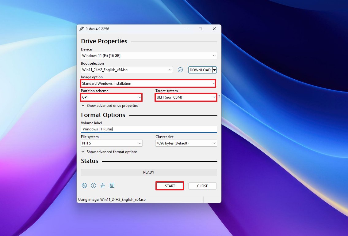 Rufus USB flash drive settings