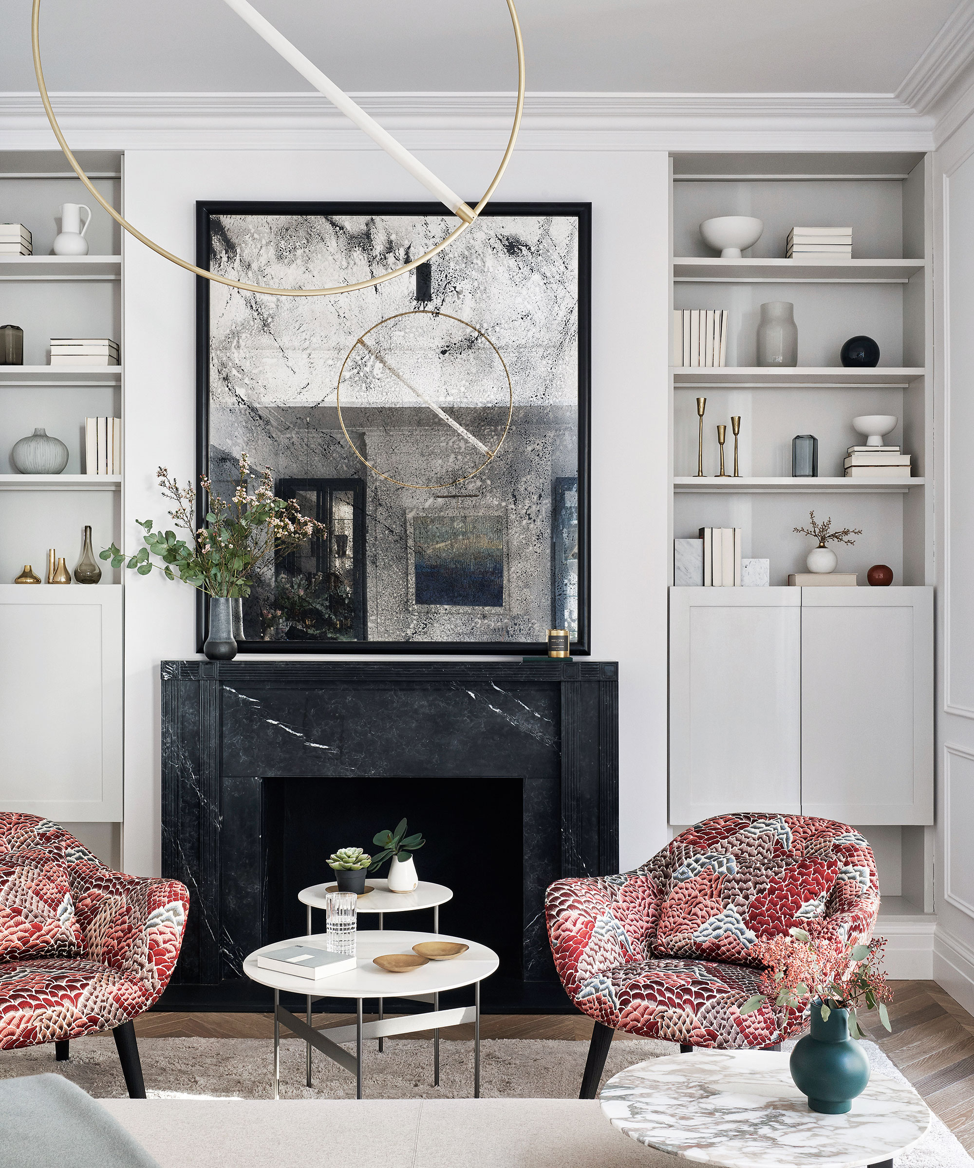 Living room with open alcove shelves