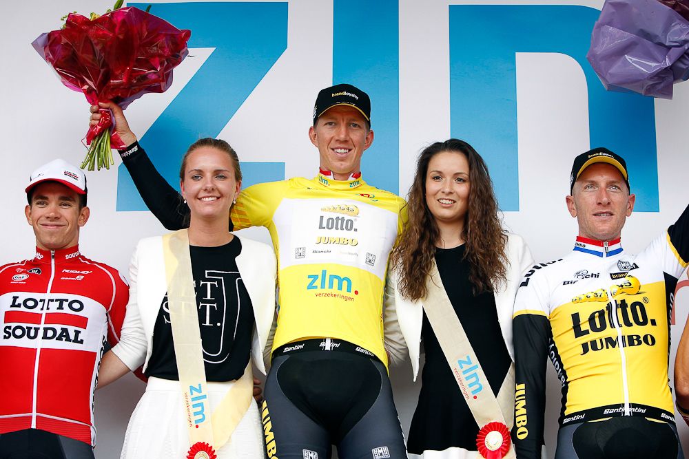 Sep Vanmarcke in yellow on the final podium of the Ster ZLM Toer.
