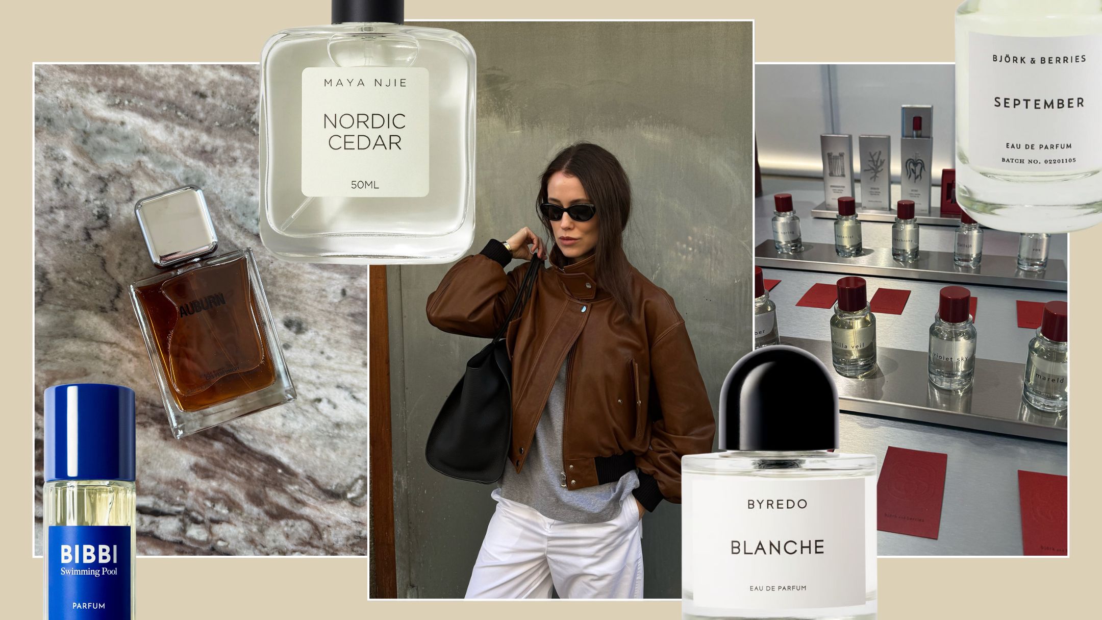 A collage with a photo of @annabelrosendahl and photos of Scandi perfume brand fragrance bottles