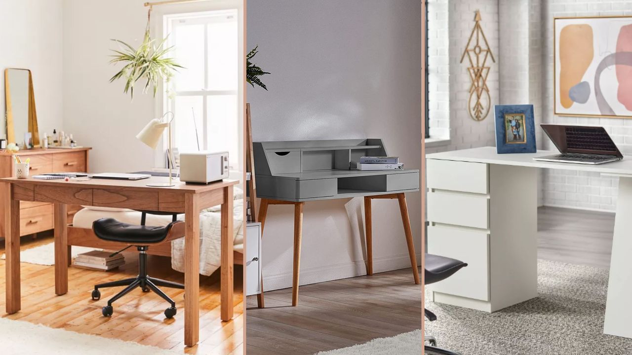 Storage desks header image with three desks, separated by a thick beige line. Wooden desk on the far left from Urban Outfitters, middle desk grey wood with oak legs from Amazon and desk on the right is white with drawers from Target