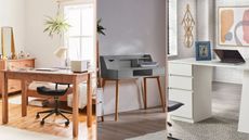 Storage desks header image with three desks, separated by a thick beige line. Wooden desk on the far left from Urban Outfitters, middle desk grey wood with oak legs from Amazon and desk on the right is white with drawers from Target
