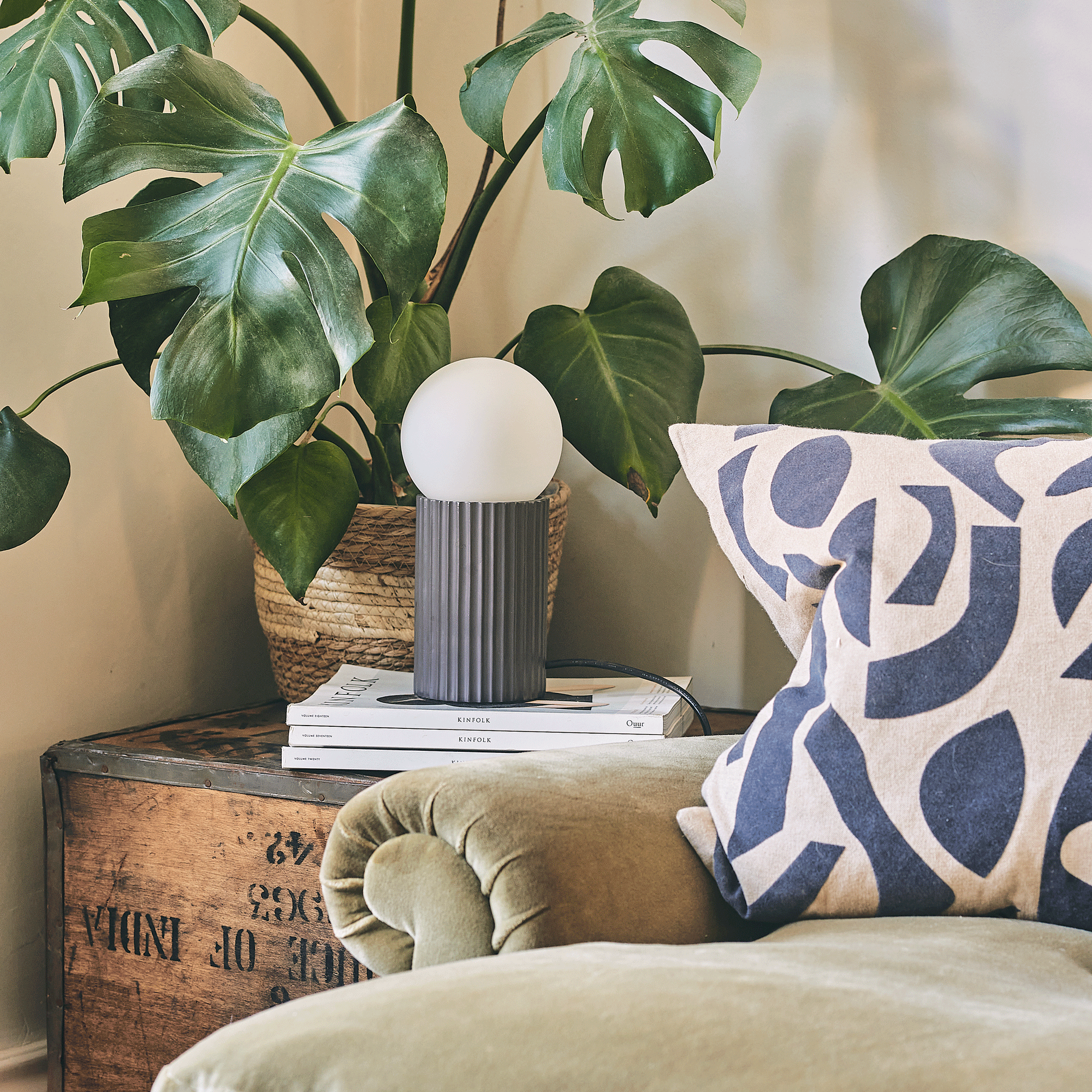 a living room with a green sofa, patterned blue and white cushion and an upcycled tea crate as a side table with a table lamp and houseplant