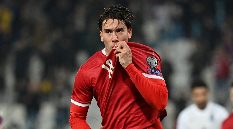 Dusan Vlahovic in action for Serbia at Euro 2024