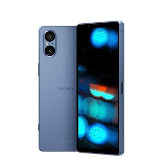 The front and back view of a blue Sony Xperia 5 V phone on a white background