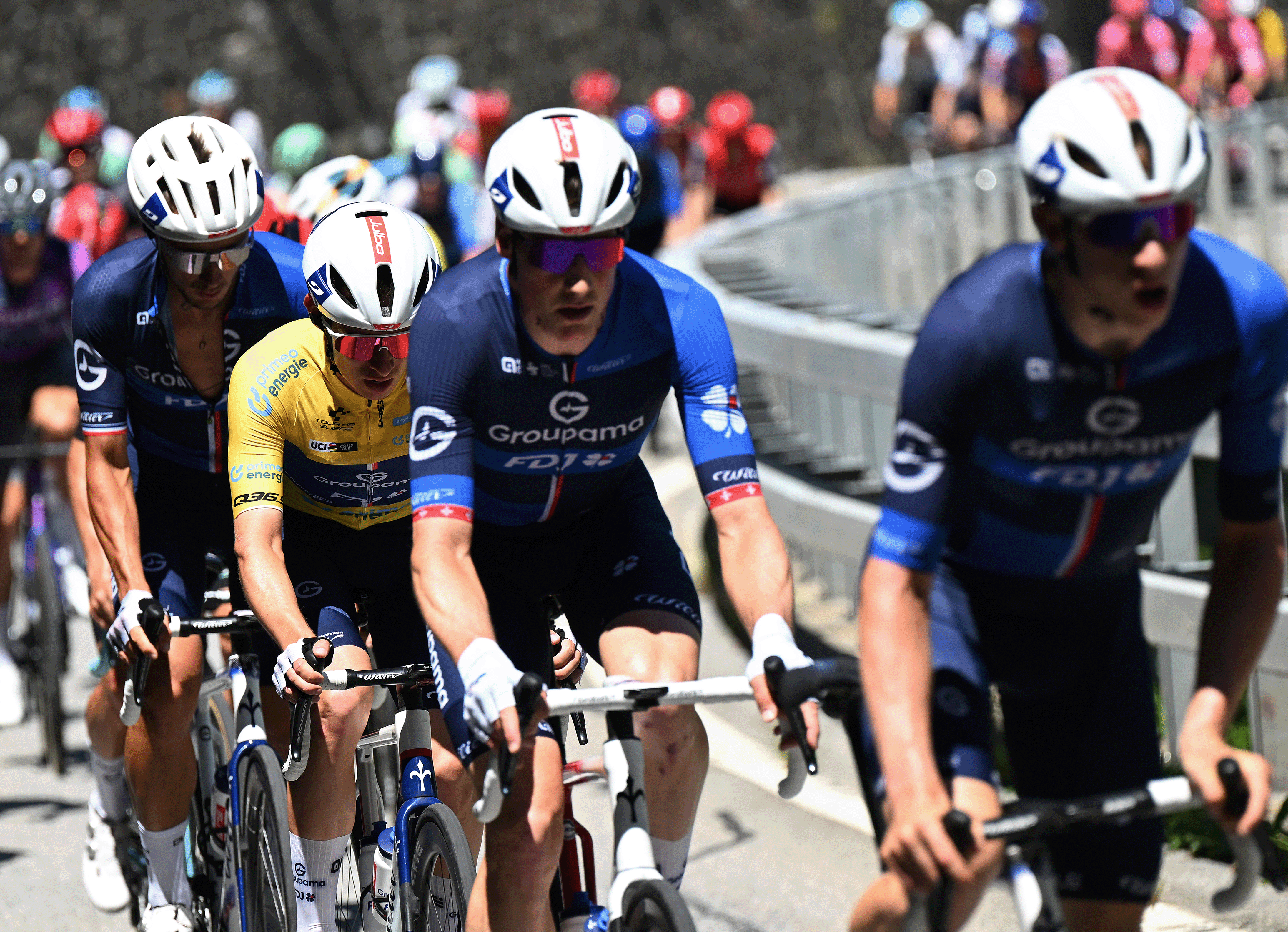 SANTA MARIA IN CALANCA, SWITZERLAND - JUNE 19: Romain Gregoire of France and Team Groupama - FDJ - Yellow leader jersey competes during the 88th Tour de Suisse, Stage 5 a 183.8km stage from La Punt to Santa Maria in Calanca 941m / #UCIWT / on June 19, 2025 in Santa Maria in Calanca, Switzerland. (Photo by Tim de Waele/Getty Images)