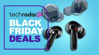Sony and Nothing earbuds on blue background with TR's 'Black Friday deals' poster