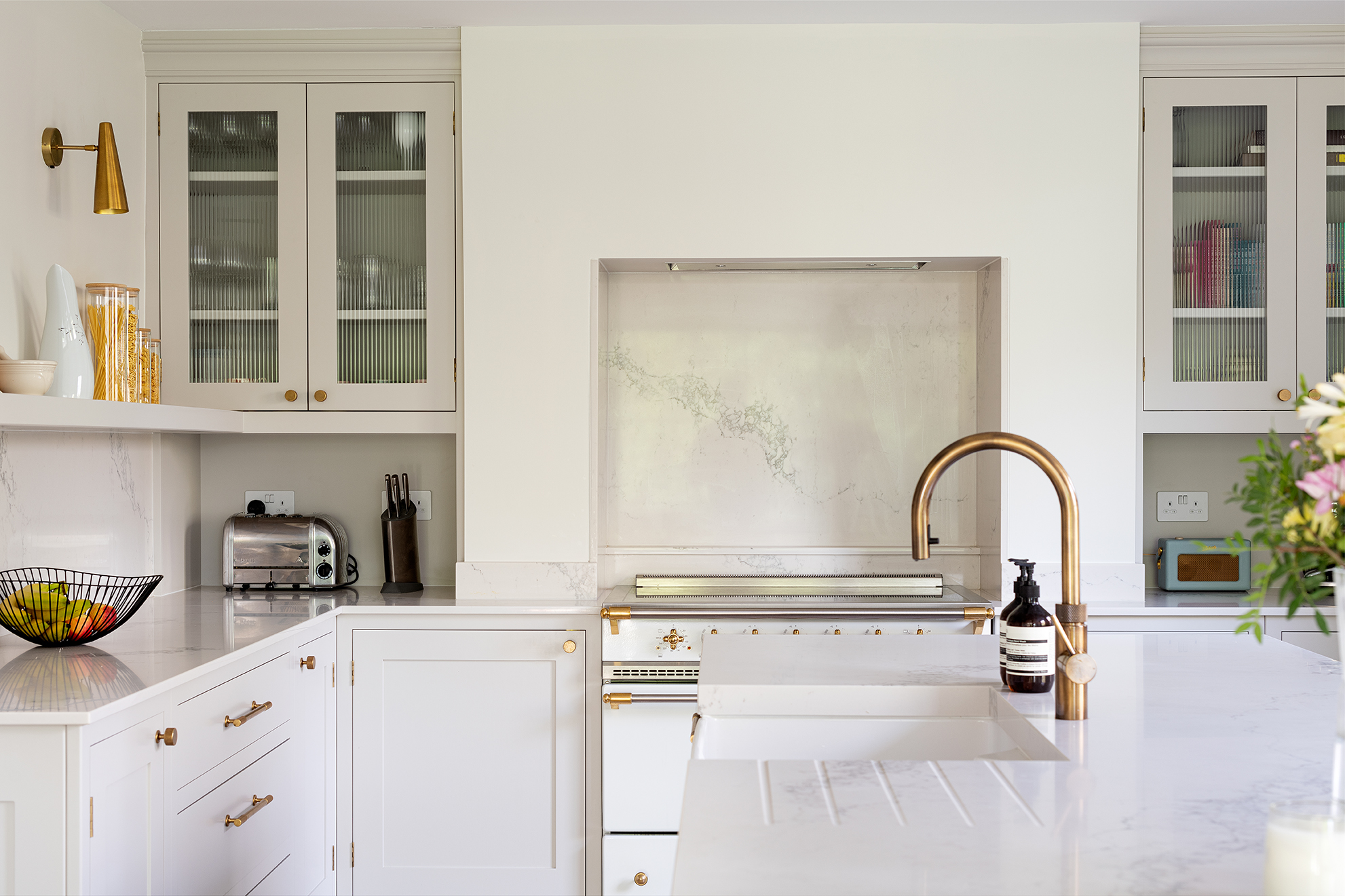 Blue Kitchen Cabinets with Sleek Brass Hardware - Transitional - Kitchen