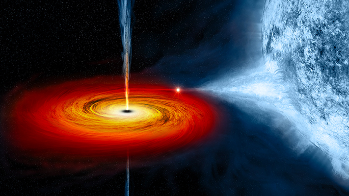 The black hole Cygnus X-1 is pulling material from a massive blue companion star. That "stuff" forms an accretion disk around the black hole.