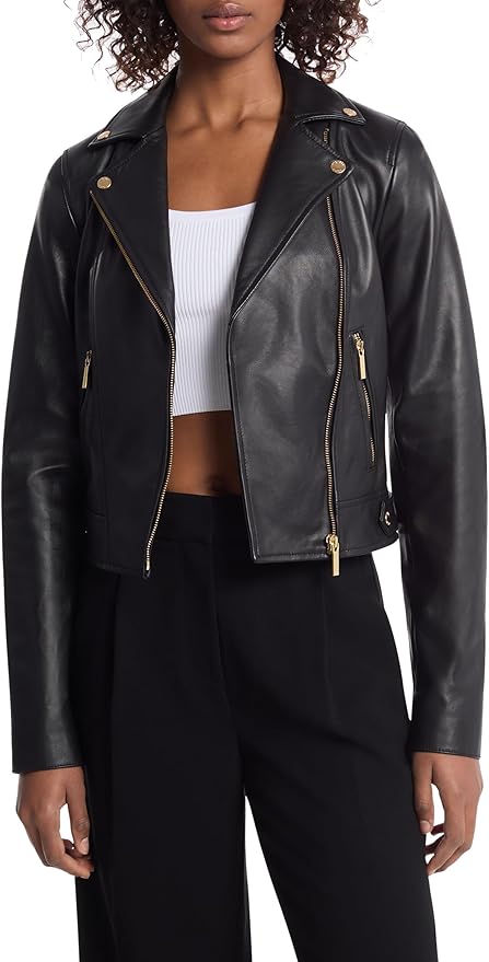 Michael Kors, Michael Kors Women&#039;s Leather Moto Jacket, Black, M