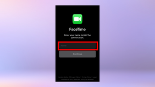 A screenshot of Facetime on Android asking the user to input their name
