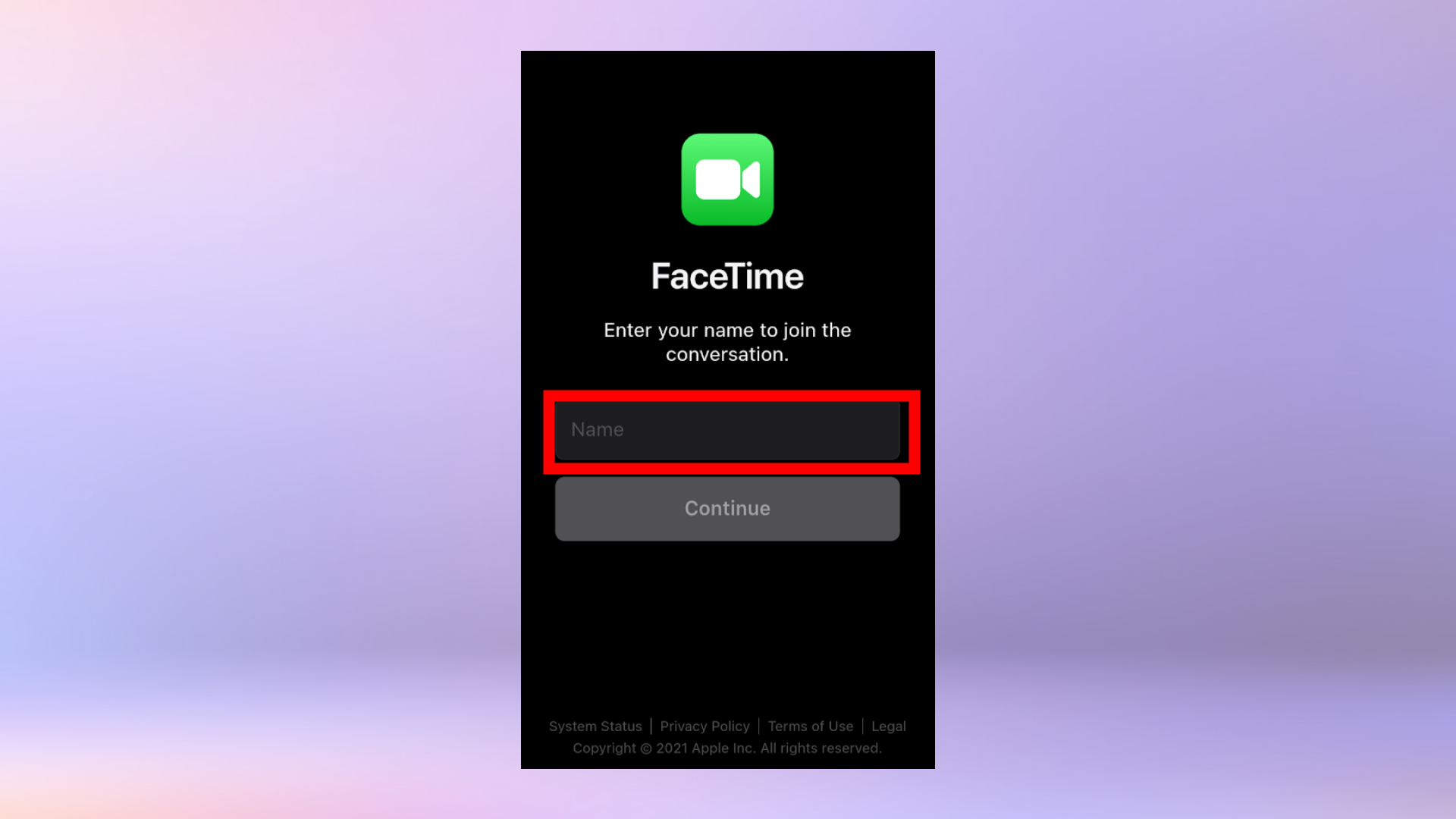 Снимок экрана Facetime на Android с просьбой ввести свое имя.