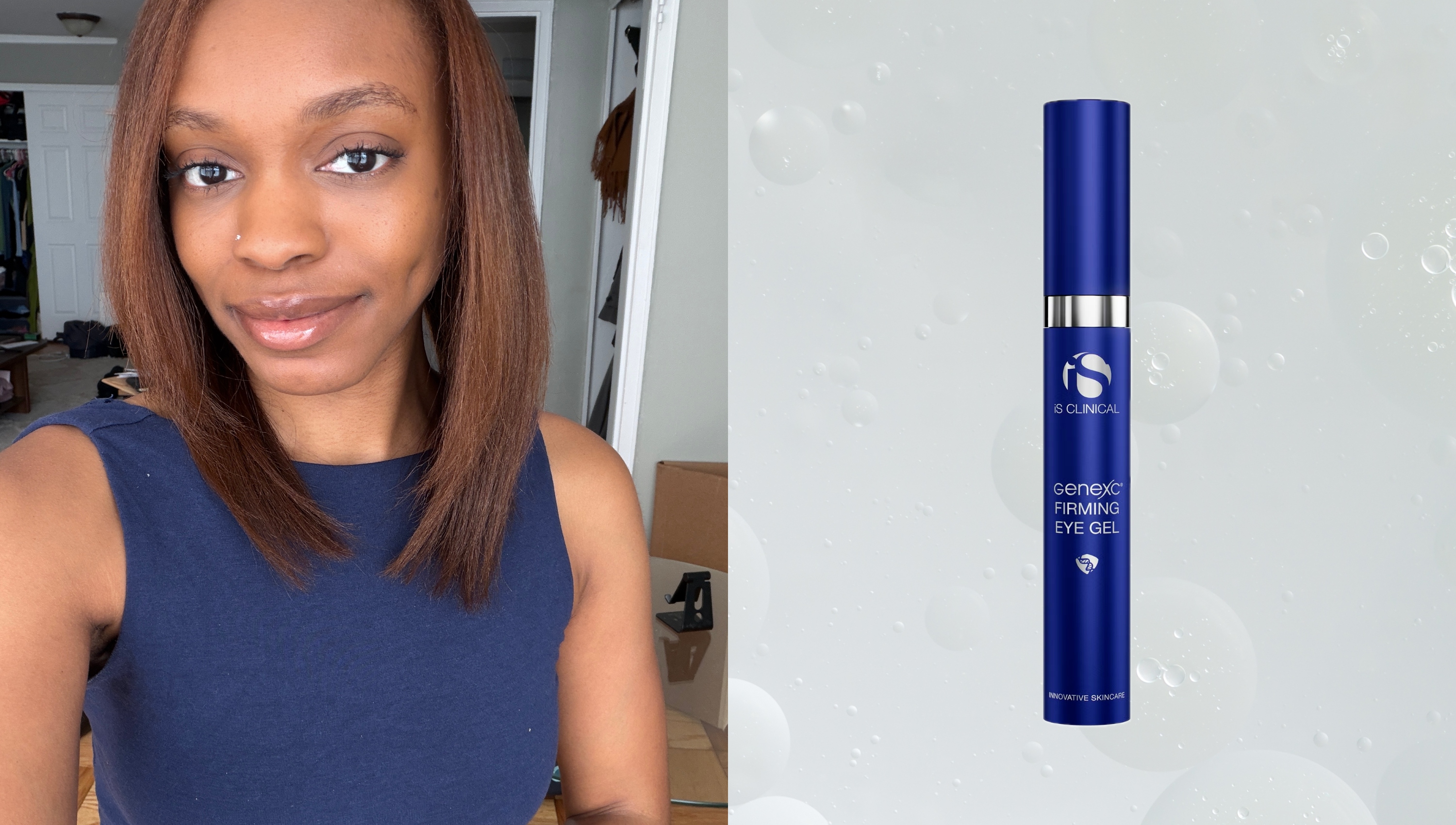 a woman with brown hair in a blue tank top next to a blue tube of eye cream on a silver background