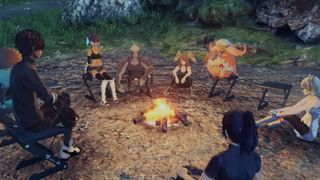 Xenoblade Chronicles 3 rest spot characters sitting around a fire.