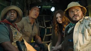 Kevin Hart, Dwayne Johnson, Karen Gillan, and Jack Black in Jumanji The Next Level.