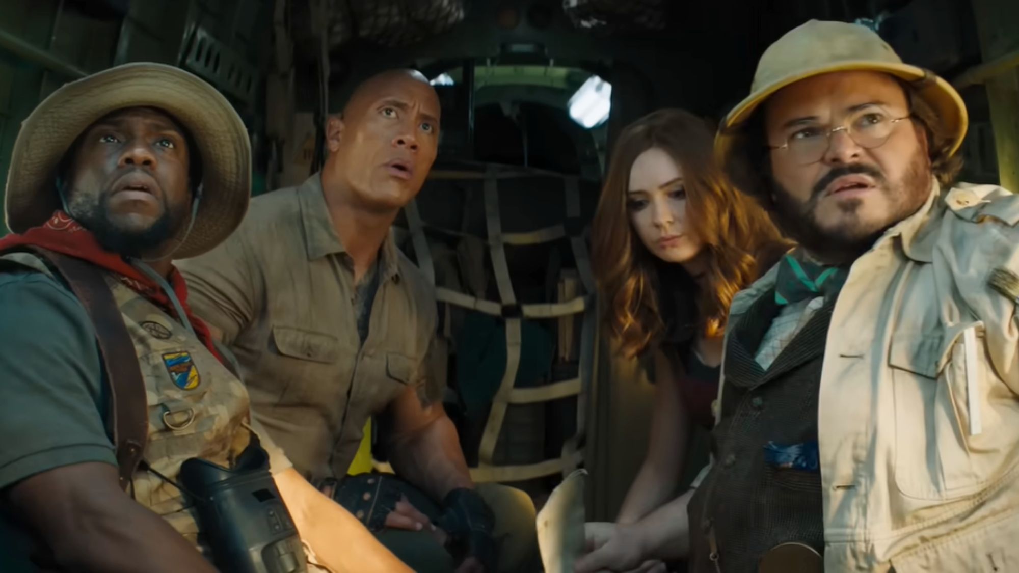 Kevin Hart, Dwayne Johnson, Karen Gillan, and Jack Black in Jumanji The Next Level.