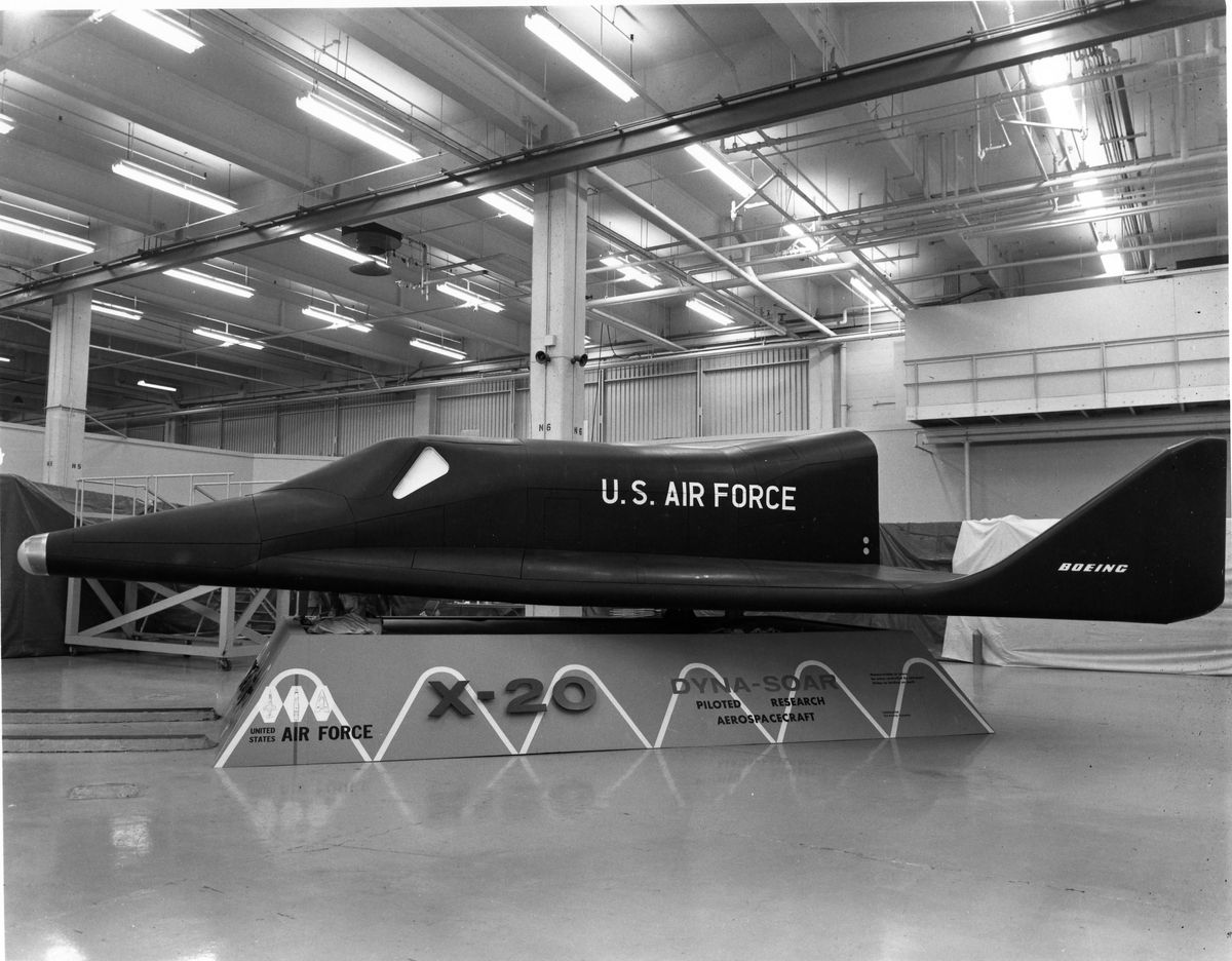 Mock-up of the Boeing X-20 Dyna-Soar space plane. U.S. Secretary of Defense Robert McNamara canceled the program on Dec. 10, 1963, because he believed Dyna-Soar had no viable military mission and was too expensive for a research vehicle. A partially completed X-20 prototype, the X-20 mock-up and the initial tooling setup for a 10-space plane production line were all scrapped.
