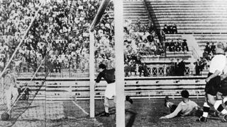 Oldřich Nejedlý scores for Czechoslovakia against Germany at the 1934 World Cup.